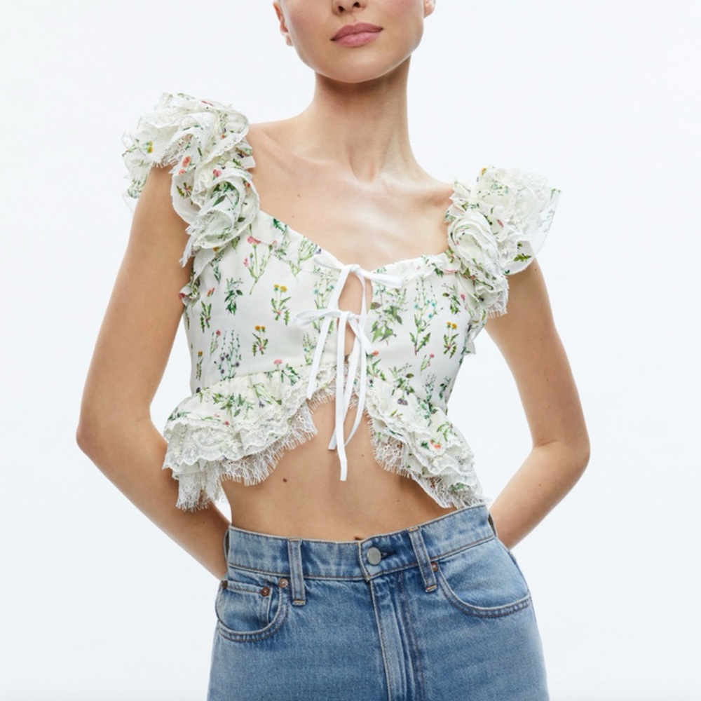 Alice + Olivia CHARLINE RUFFLE CROPPED TOP SZ L in Georgia Floral Feminine
